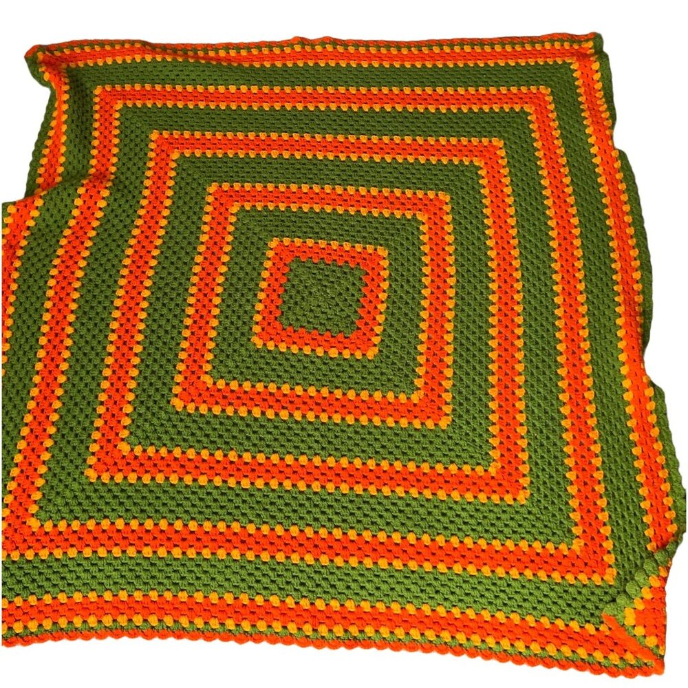 Vintage 1970s Handmade Crochet Afghan Blanket 58" X 54" Green Orange Yellow Squa